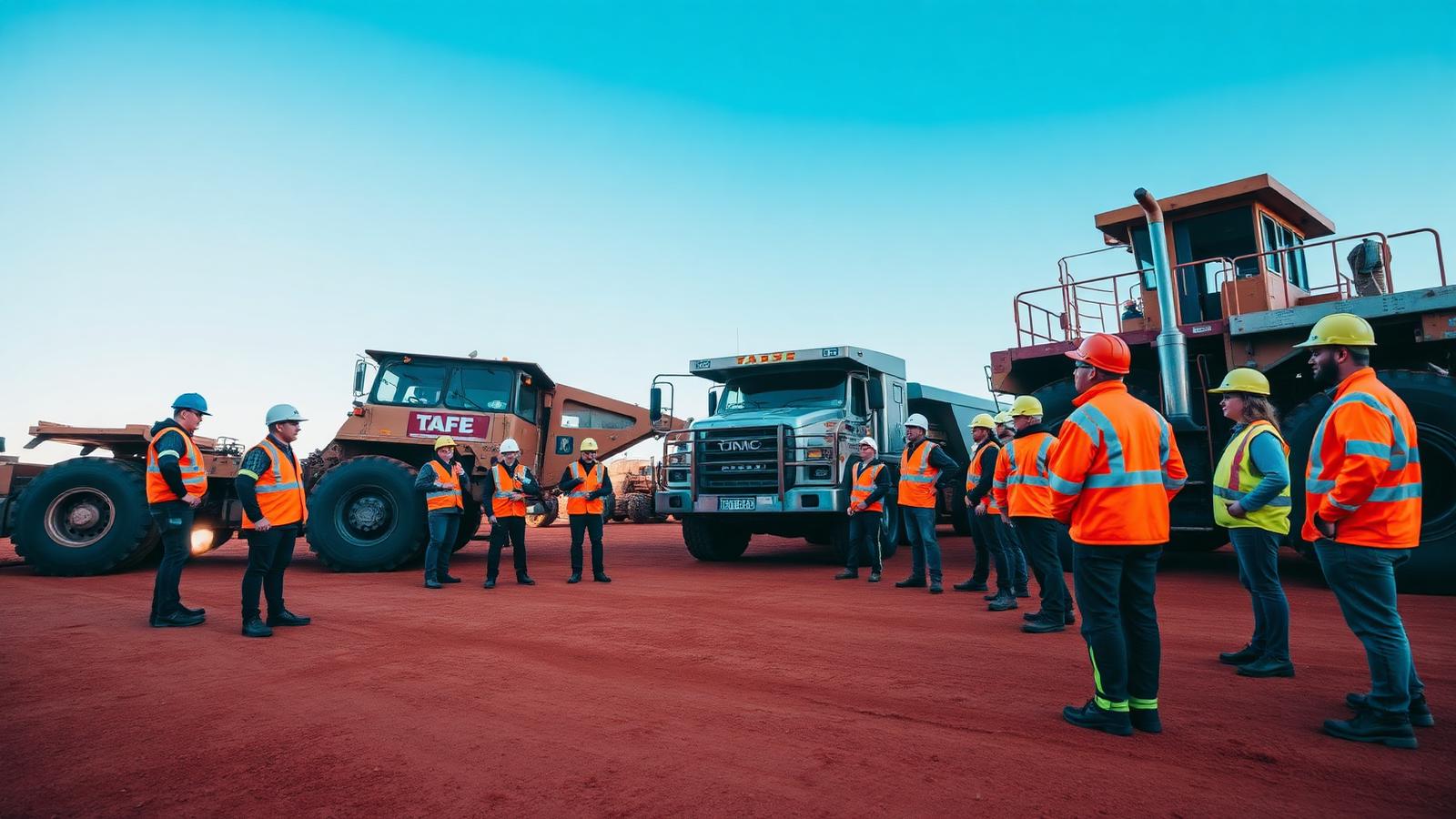TAFE Western Australia Pilbara training yard with students in orange hi-vis around real haul trucks — Image created by www.australian-mining-jobs.com