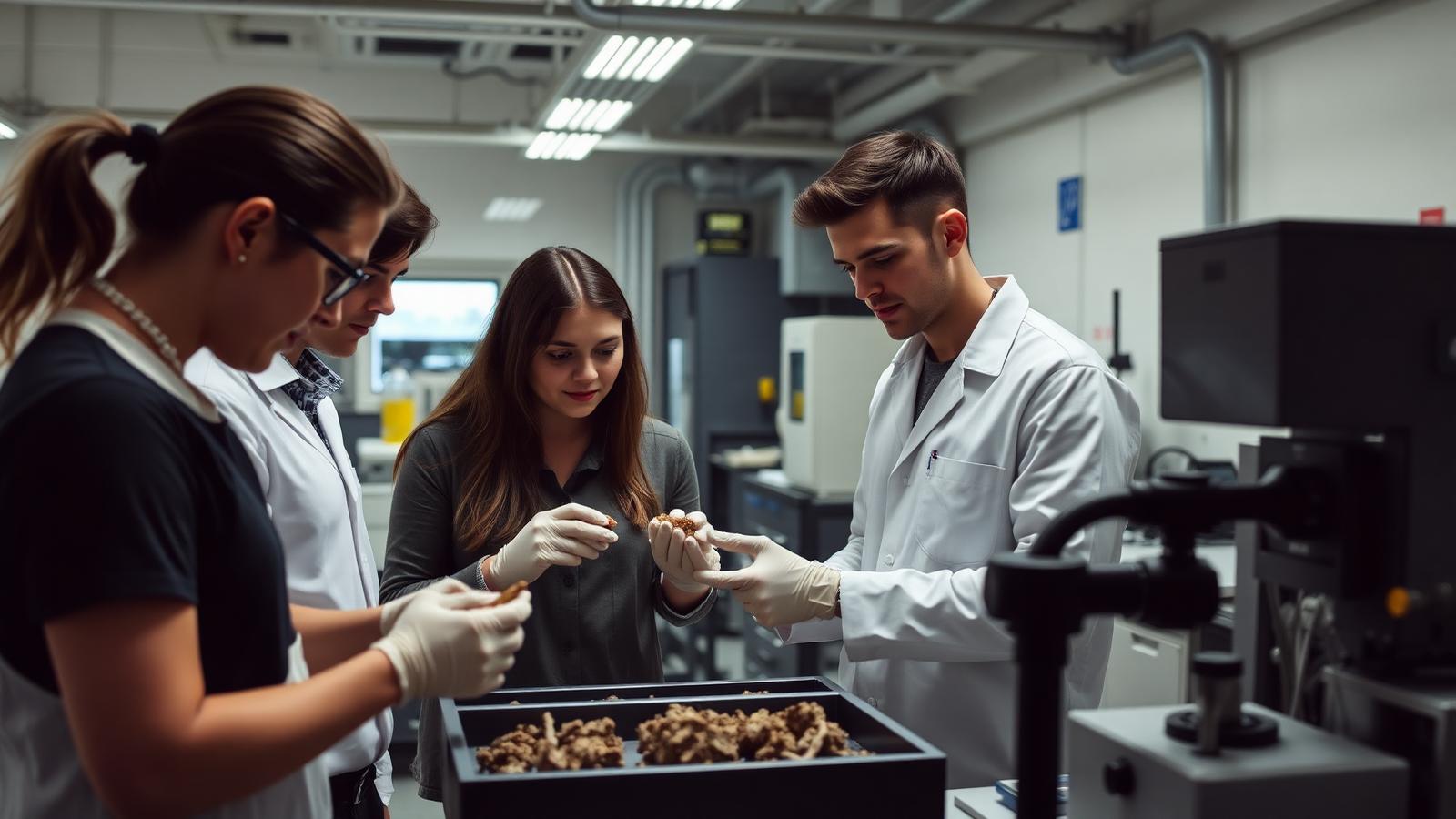 University of Queensland Sustainable Minerals Institute research laboratory with students examining core samples — Image created by www.australian-mining-jobs.com