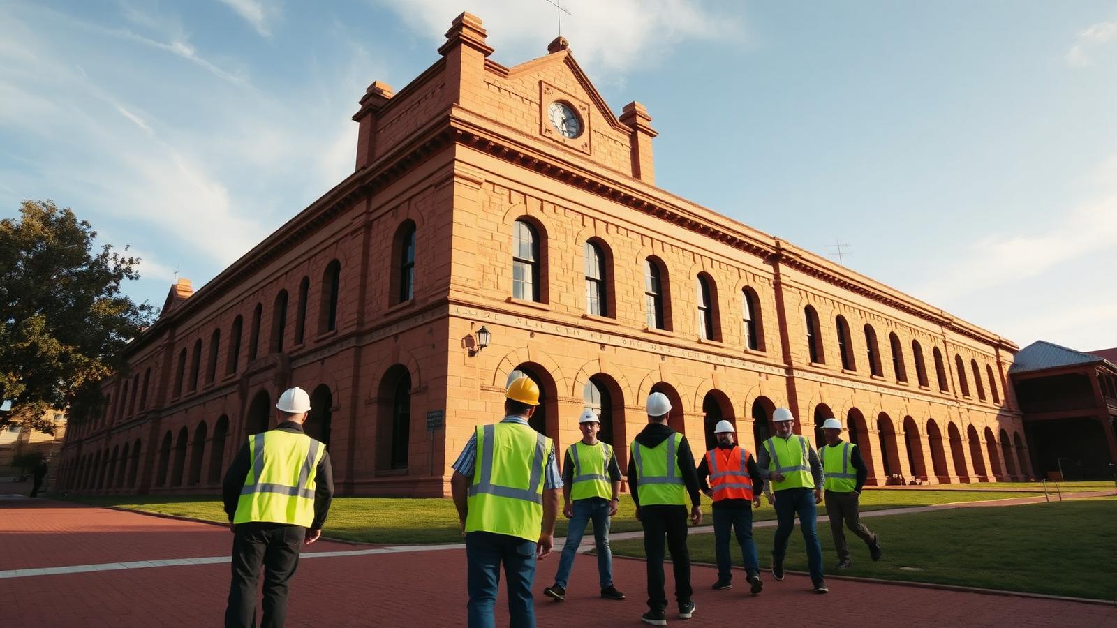 Historic WA School of Mines sandstone building in Kalgoorlie with engineering students in hi-vis — Image created by www.australian-mining-jobs.com